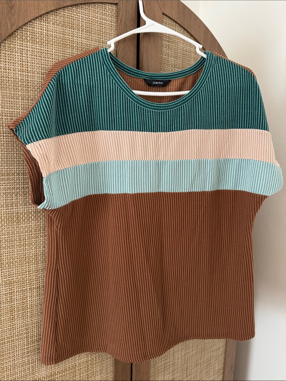 Dokotoo Brown Teal Colorblock Textured Dolman Sleeve Loose Fit Top Size S